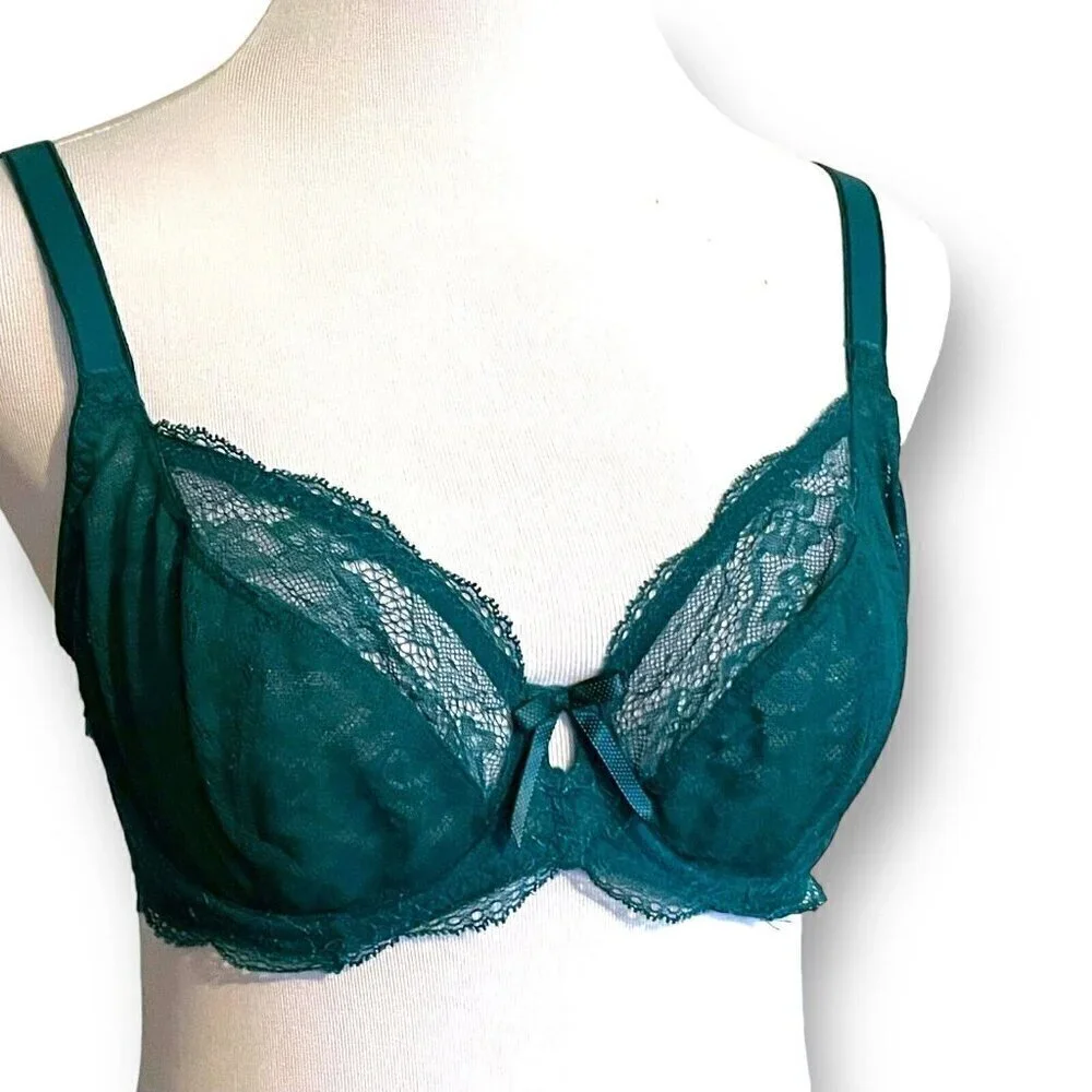 Freya 30DDD Fancies Plunge Bra Green Stretch Lace Semi Sheer Underwire AA1011